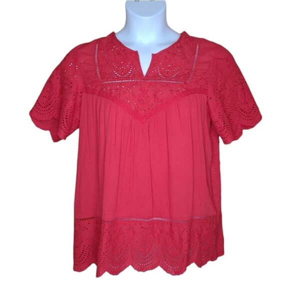 NEW Knox Rose robin red eyelet loose fit v-neck peasant top M - Picture 2 of 8
